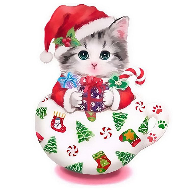 Peinture de diamant - rond partiel - chat de tasse de Noël