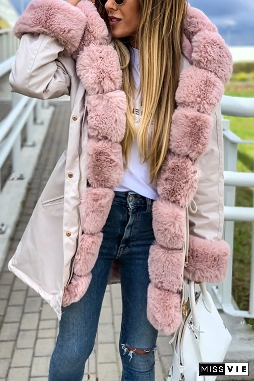Drawstring Waist Fur Collar Fluffy Hooded Coat