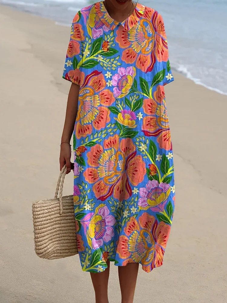 Women's Vintage Floral Art Print Pocket Linen Dress（Convertible Dress With Front And Back Option）