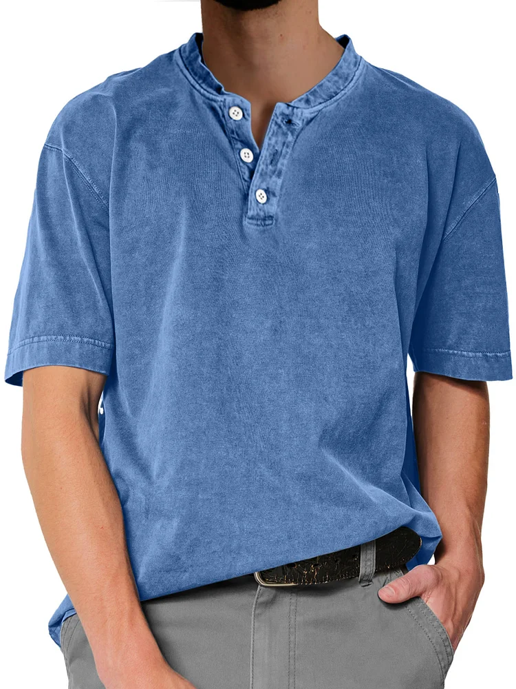 Men's Retro Solid Color Short Sleeve Henley Shirt