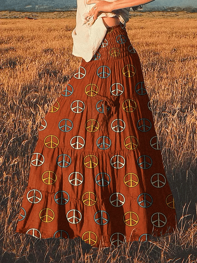 Women's Retro Hippie Print Cotton Pocket Skirt