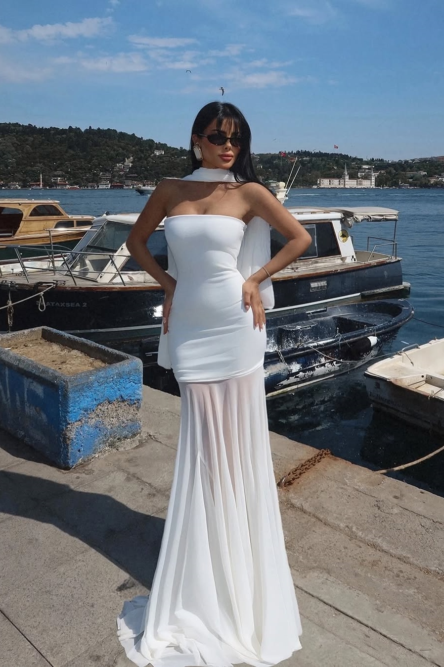 Ovlias Fashion White Strapless Straight Across Prom Dress Mermaid with Tulle JQ0003