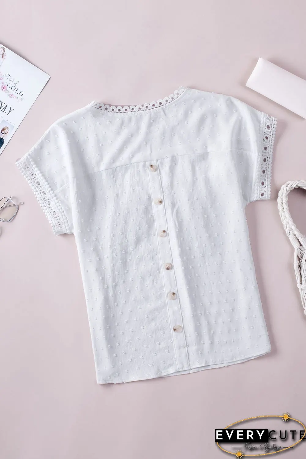 White Swiss Dot Lace Splicing Short Sleeve Top