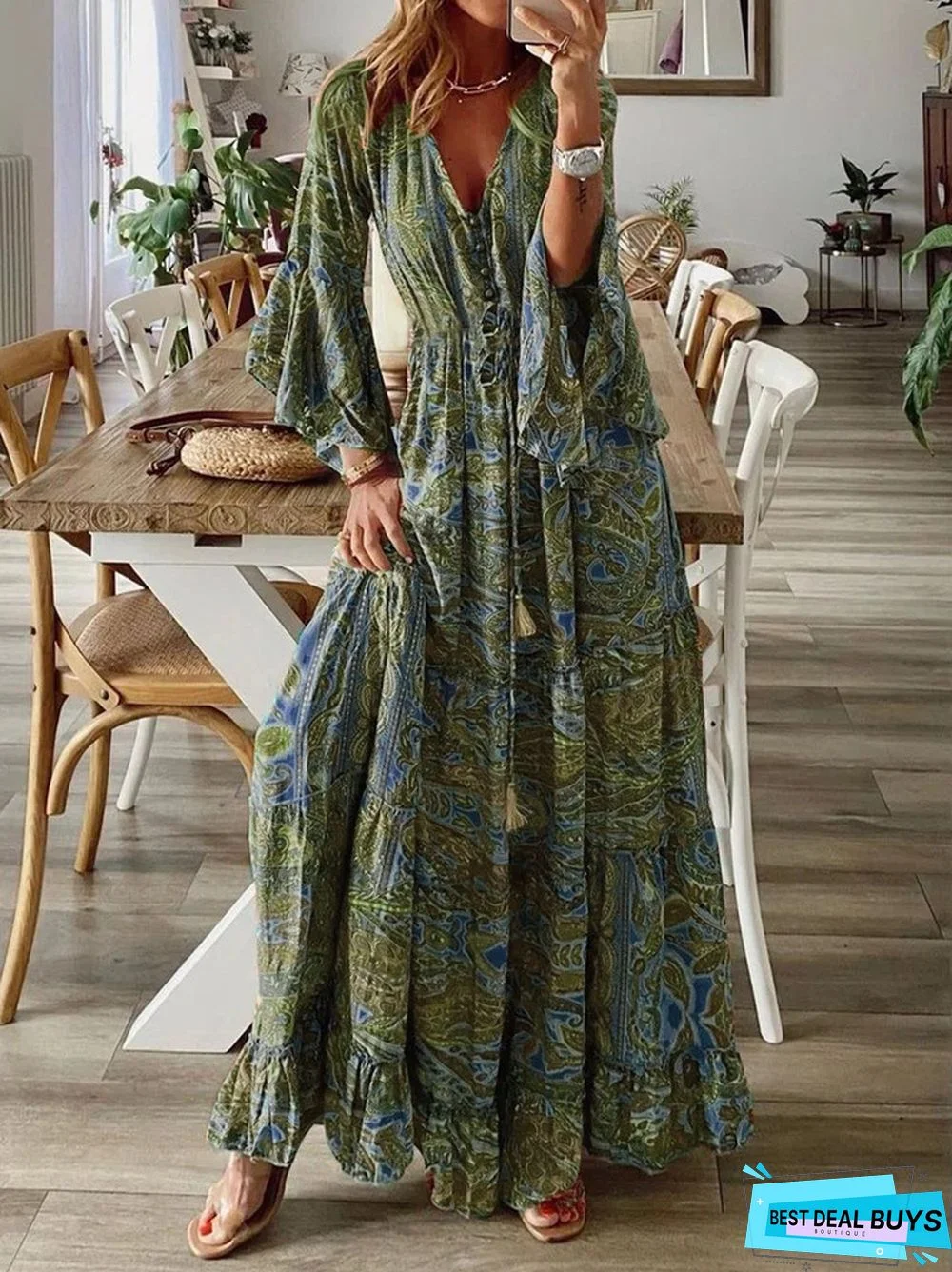 Women's Swing Dress Maxi Long Dress 3/4 Length Sleeve Print Summer Casual Green