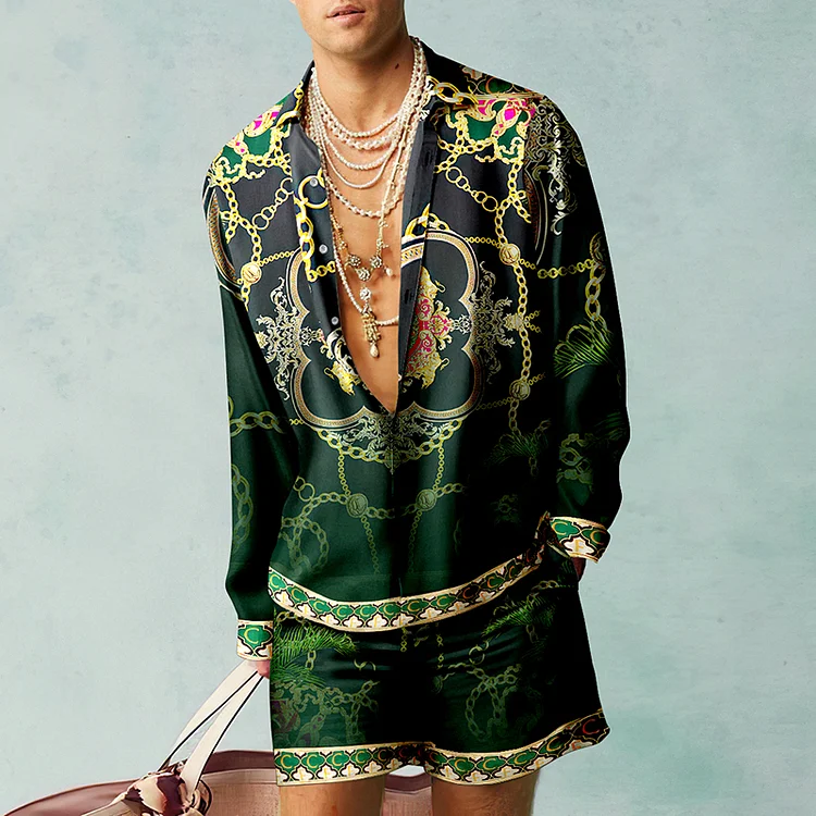 BrosWear Dark Green Holiday Baroque Shirt And Shorts Co-Ord