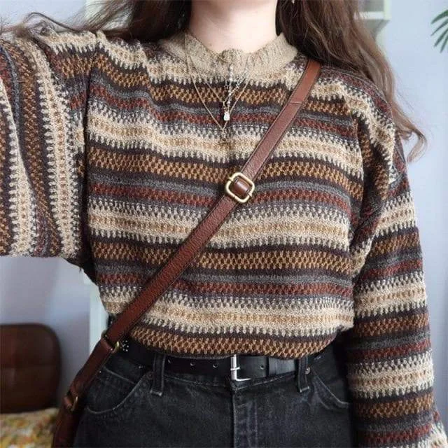 Dark Academia Sweater Vintage Knitwear Striped O-Neck Pullover SP16693