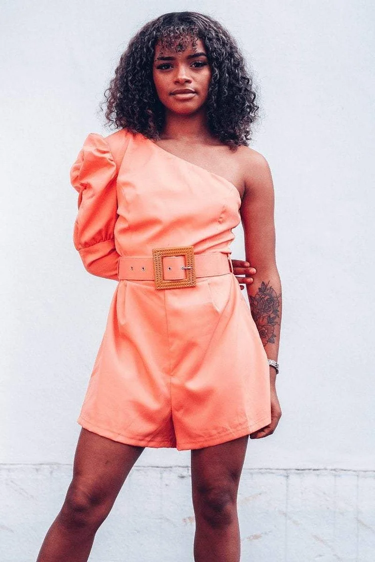 Coral Puff Sleeve Belted Playsuit Katch Me