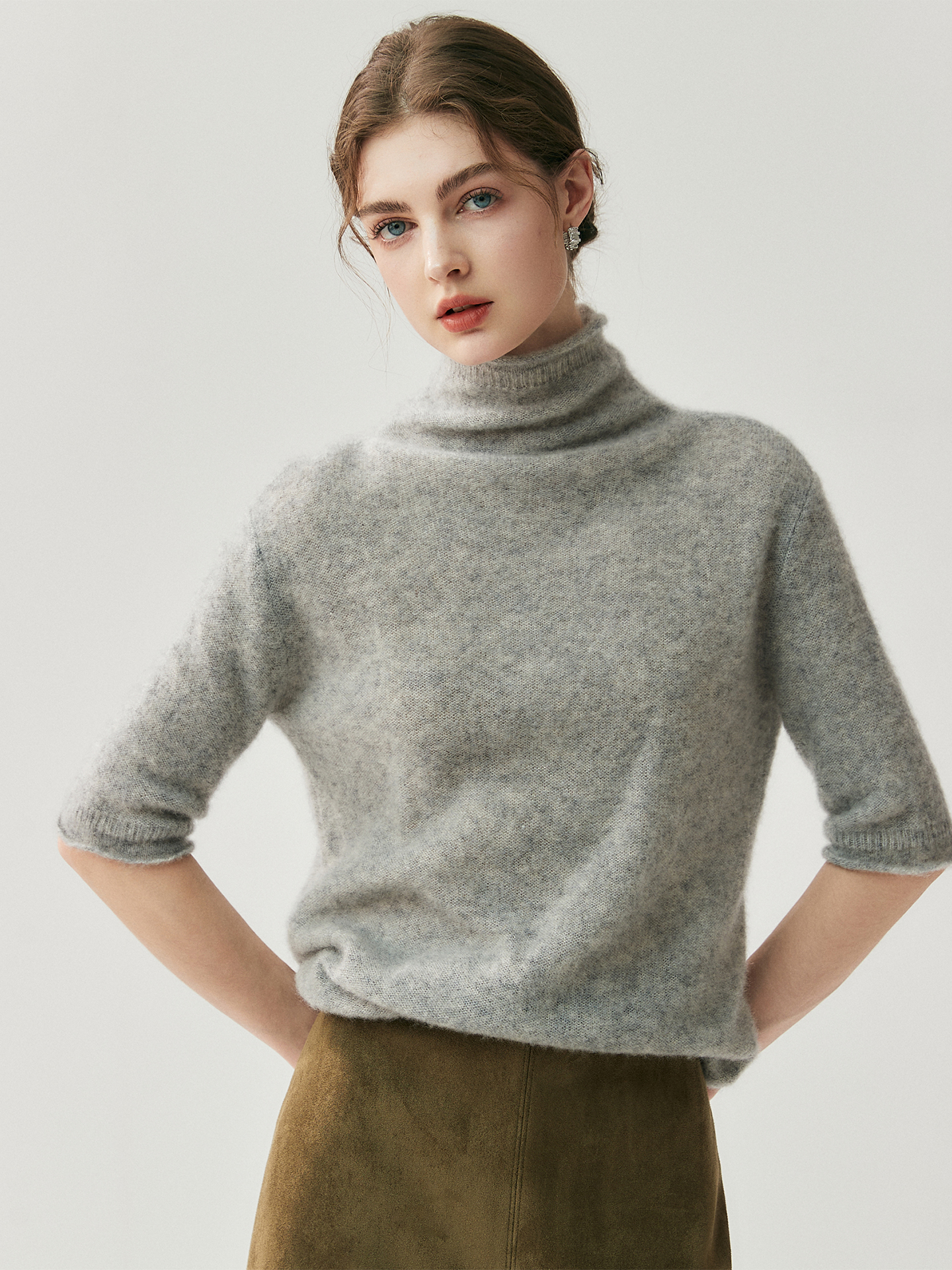 Women's Short Sleeve Cashmere Turtleneck Sweater REAL SILK LIFE