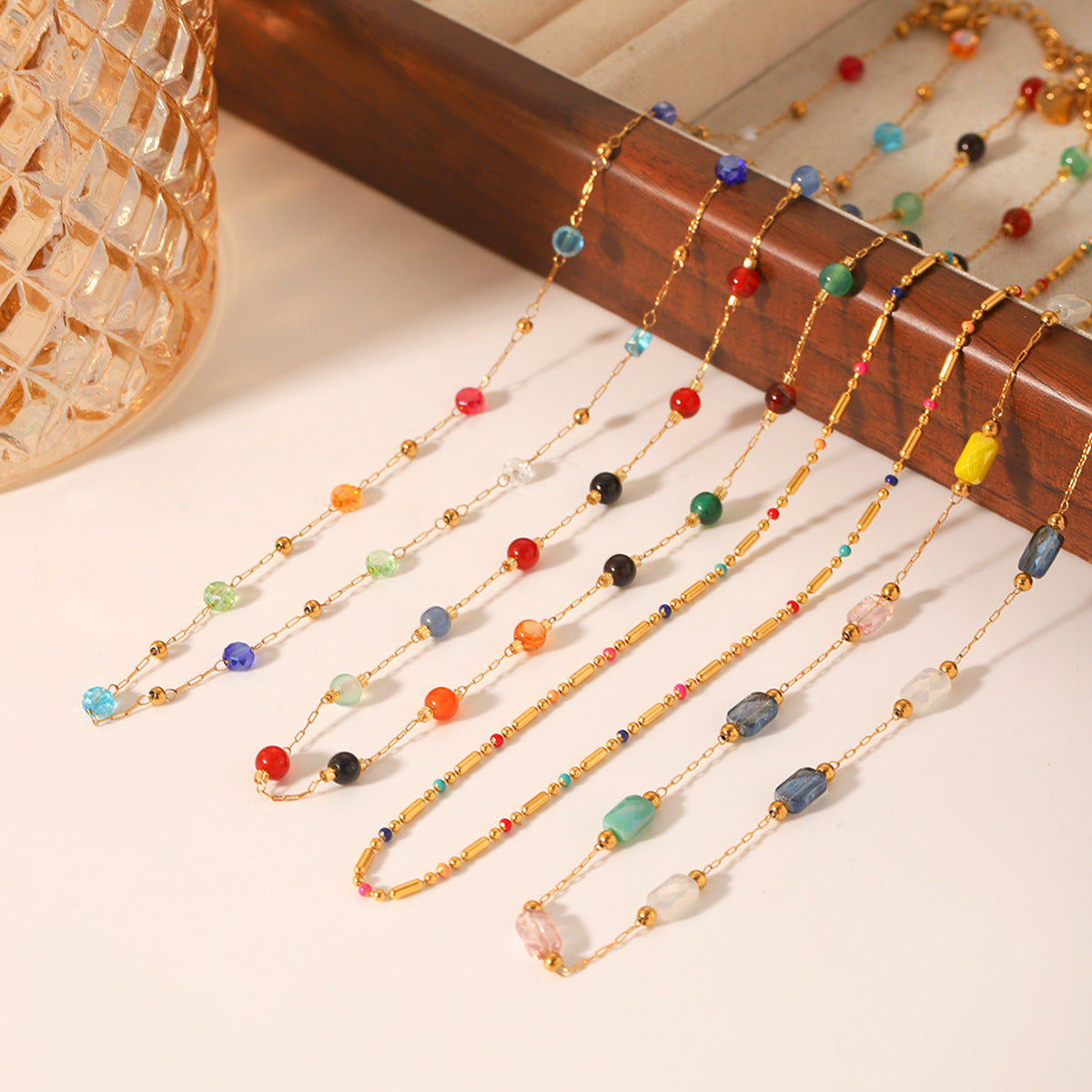 Dopamine Necklace Colorful Clip Bead Stainless Steel Necklace Design Natural Stone Round Bead Clavicle Necklace For Women