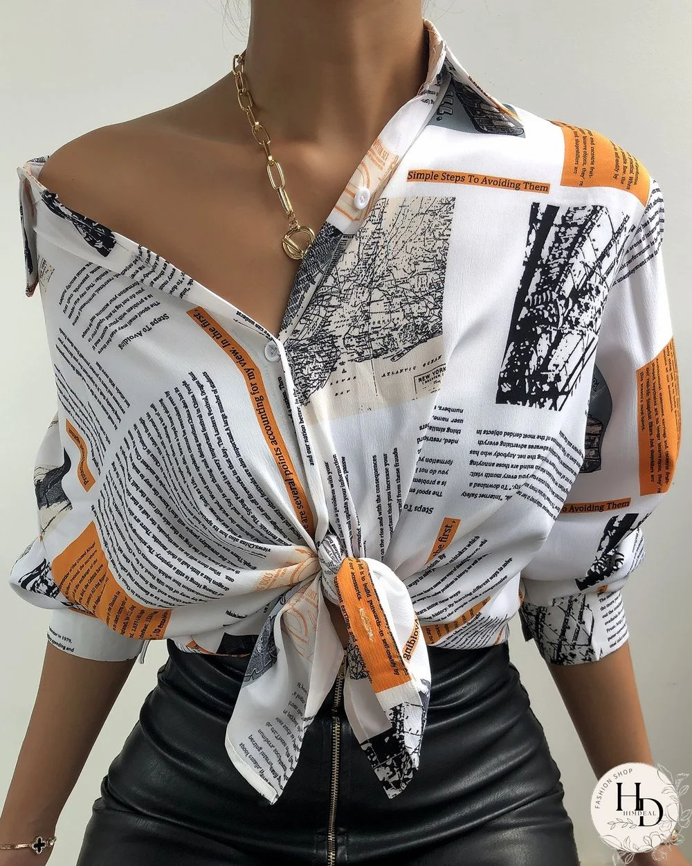 Newspaper Print Button Design Lantern Sleeve Shirt P13545