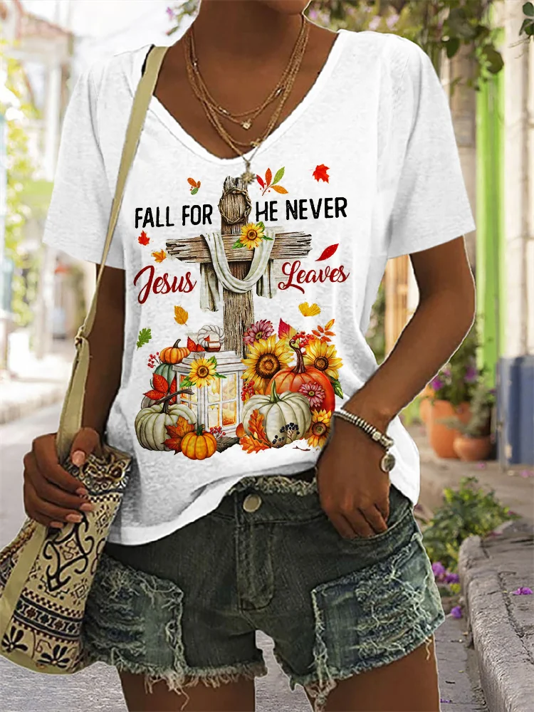 Vefave Fall For Jesus He Never Leaves V Neck T Shirt
