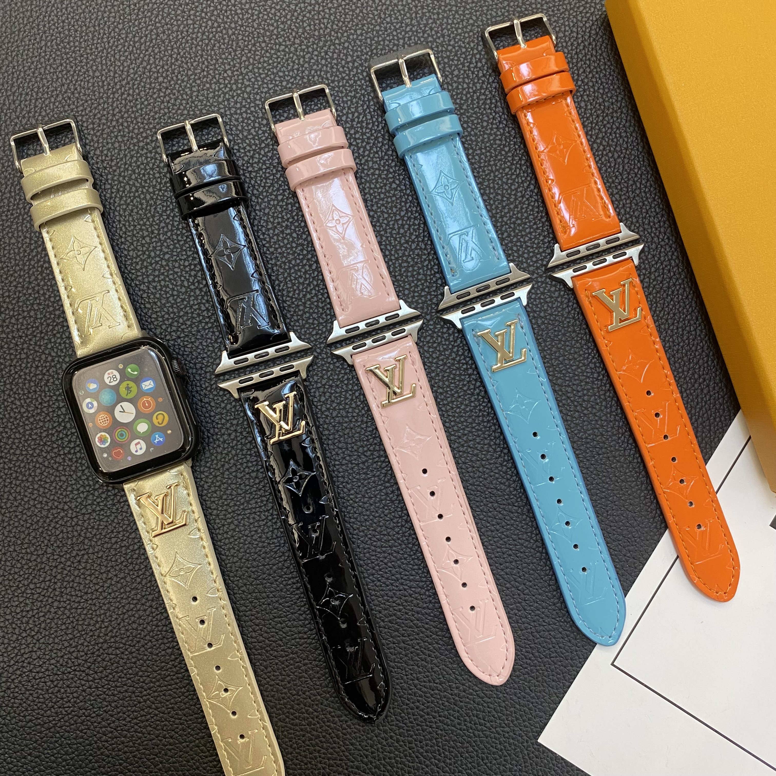 LV Glossy Leather Apple Watch Strap Luxury Metal Logo