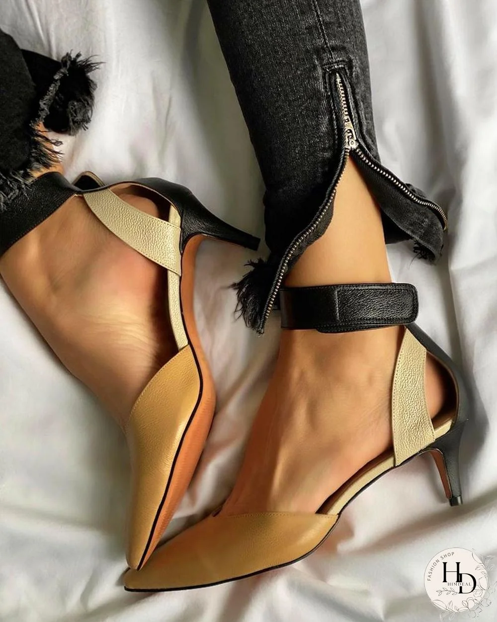 Pointed-toe Color Block PU Leather Shallow Mouth High Heels