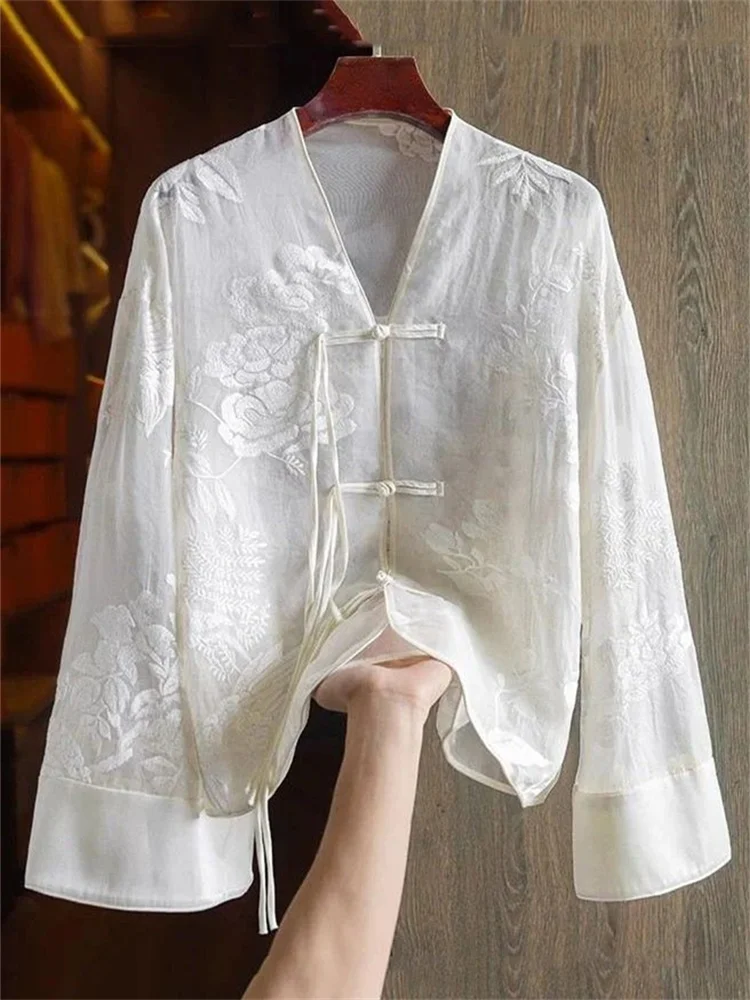 Classy Floral Knot Buttons Flowy Linen Blouse