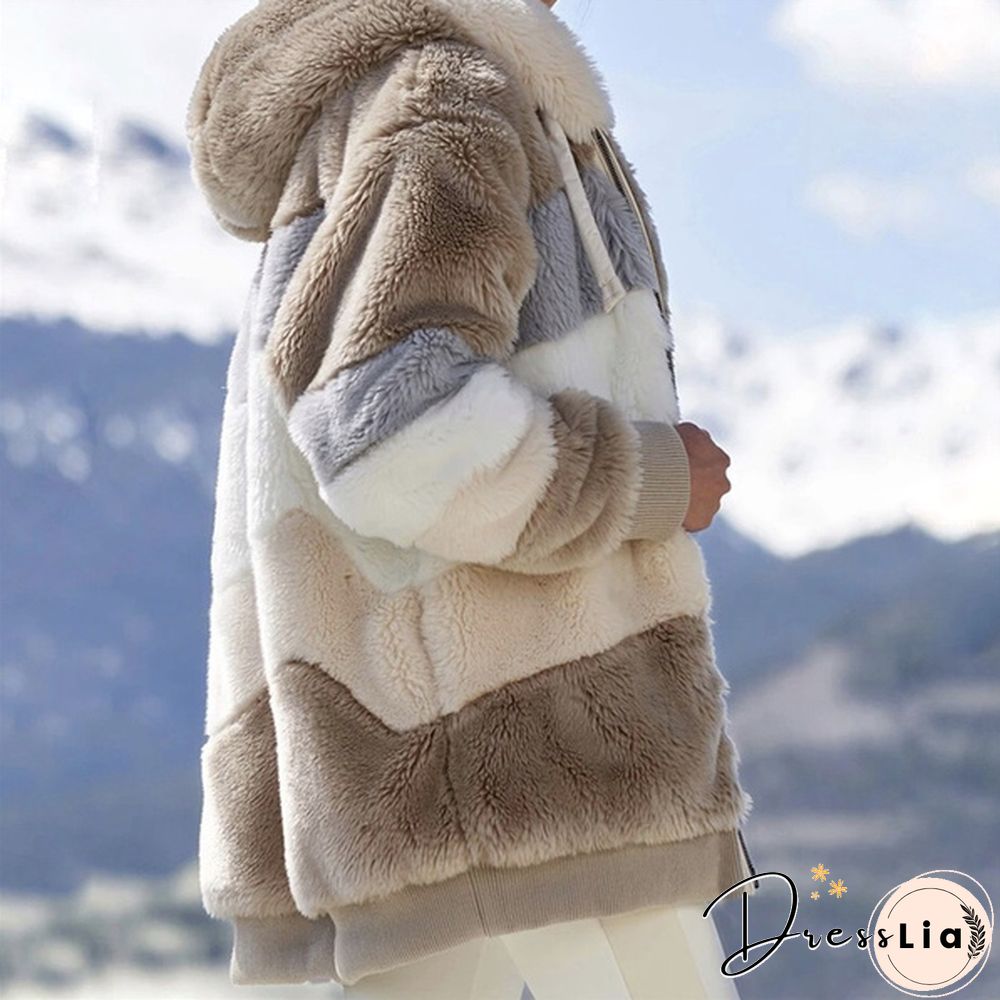 New Trend Women's Fashion Jacket Hooded Winter Warm Plush Loose Jacket for Women Patchwork Winter Outerwear Faux Fur Zipper Ladies Parka Coat Plus Size 6 Colors