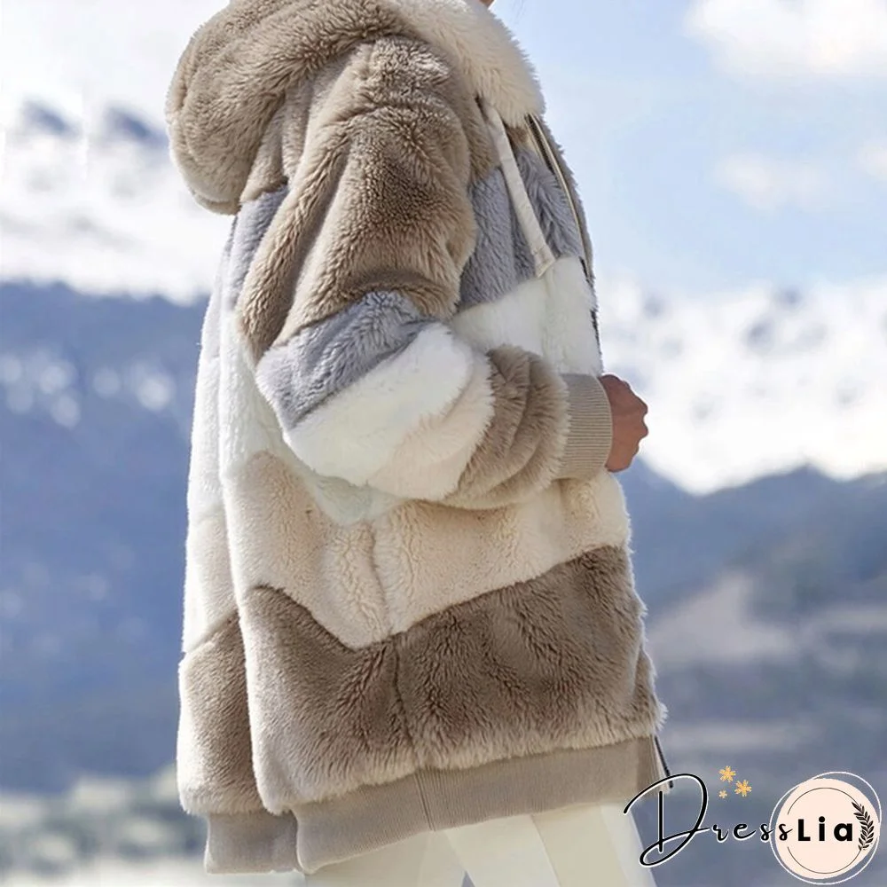 New Trend Women's Fashion Jacket Hooded Winter Warm Plush Loose Jacket for Women Patchwork Winter Outerwear Faux Fur Zipper Ladies Parka Coat Plus Size 6 Colors