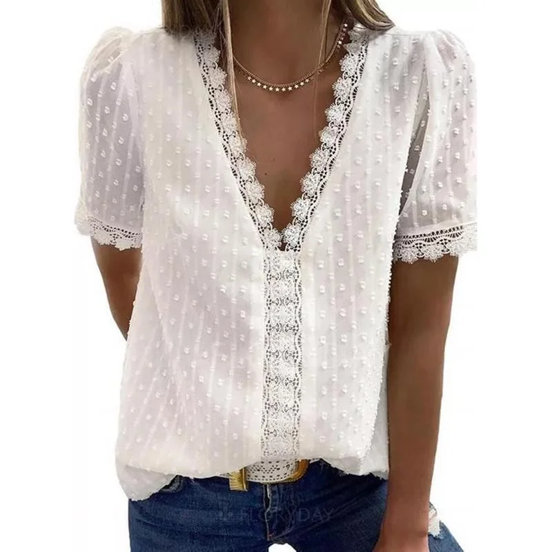 Summer Short Sleeve Womens Tops And Blouses Fashion V Neck Elegant Casual Chic Shirts Ladies Solid Lace Chiffon Blouse Plus Size
