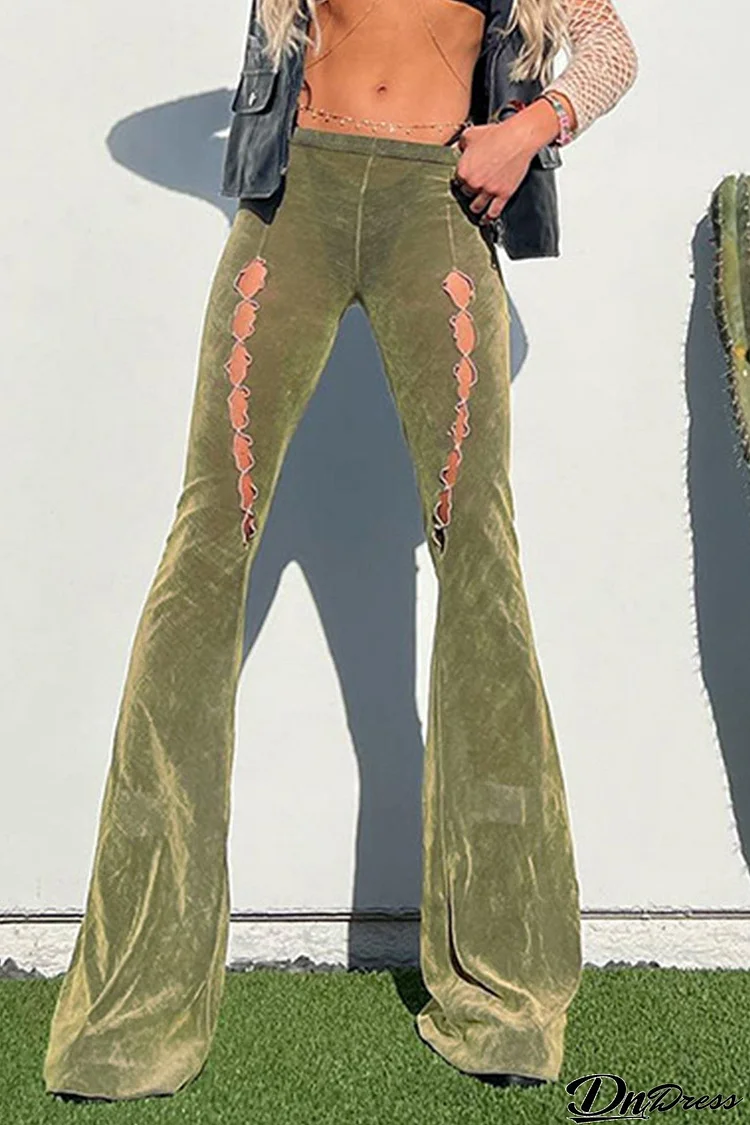 Green Low-waisted Cutout Flares Long Pants