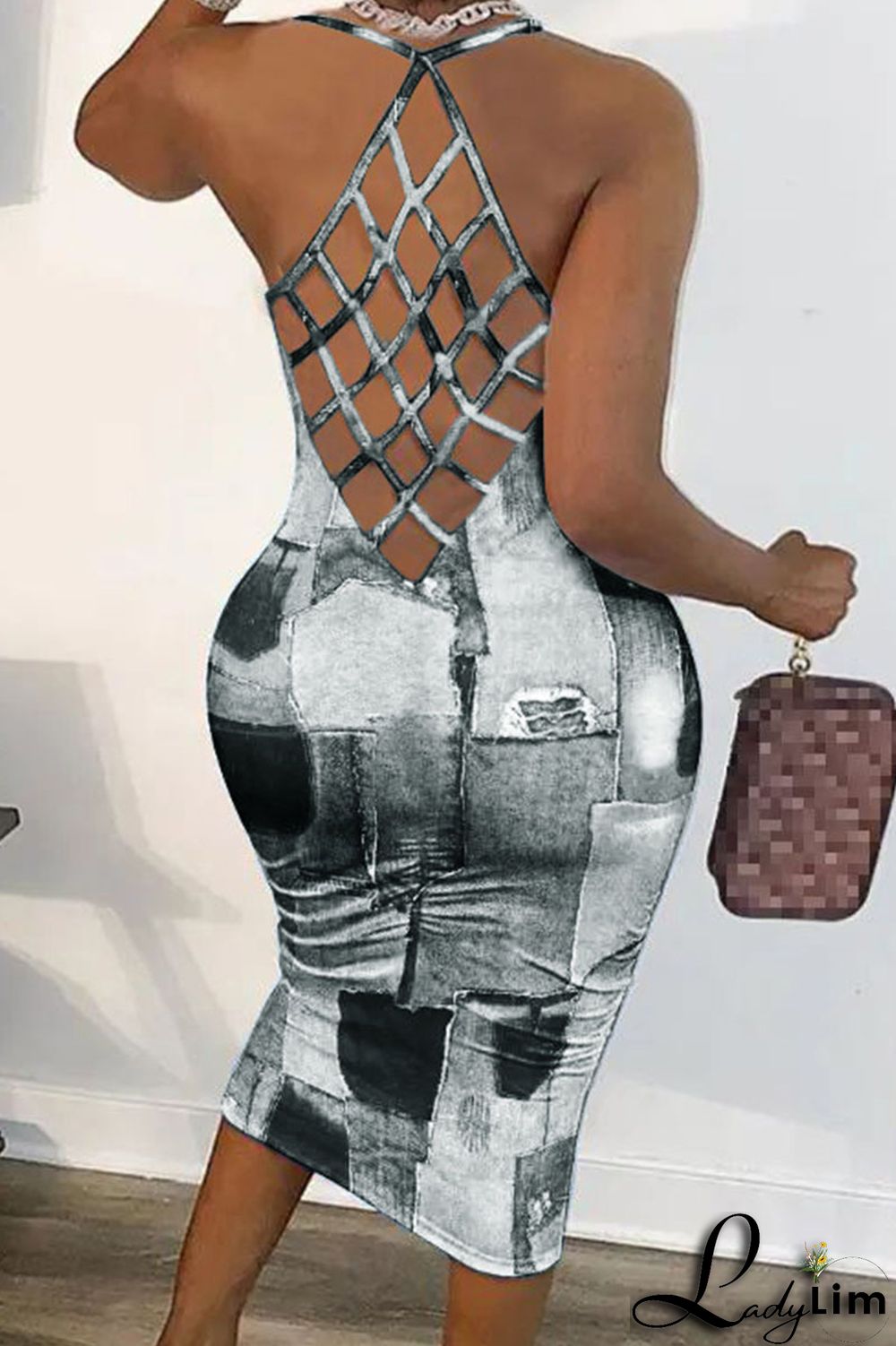 Dark Blue Sexy Print Patchwork Backless Spaghetti Strap Pencil Skirt Dresses