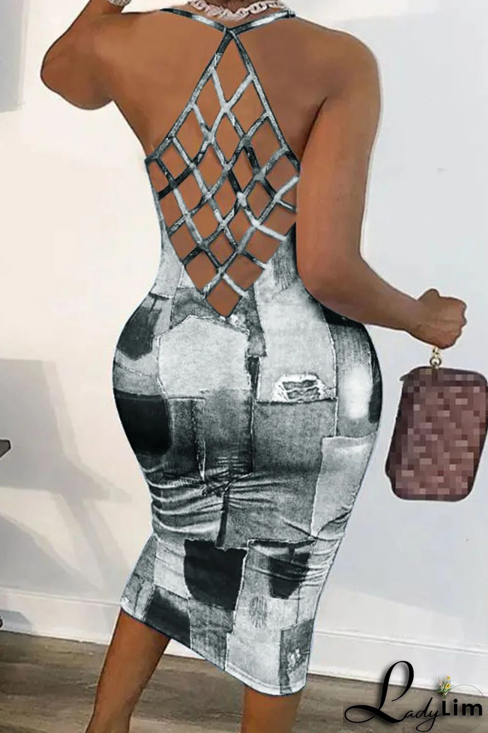 Dark Blue Sexy Print Patchwork Backless Spaghetti Strap Pencil Skirt Dresses