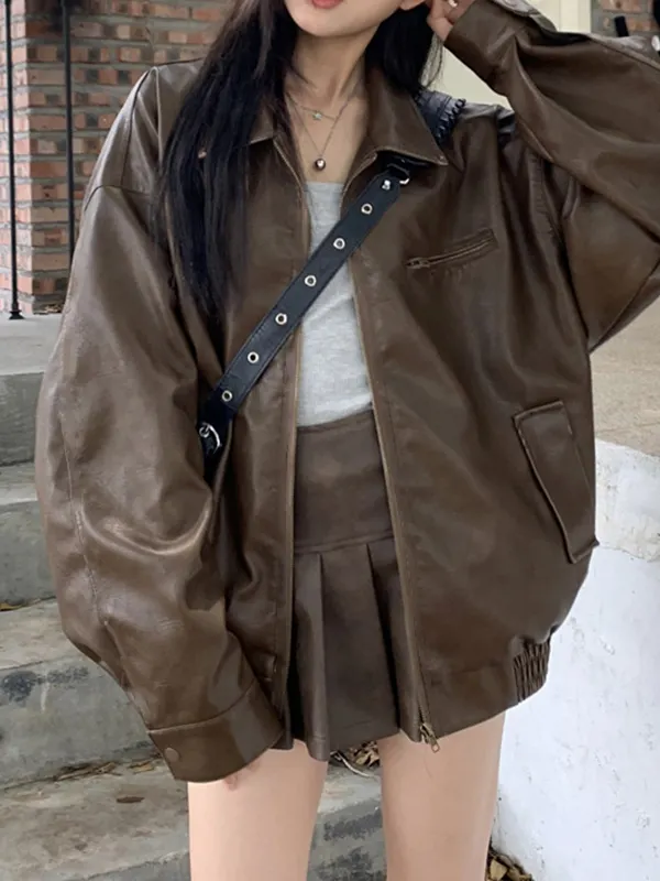 Vintage Brown Lapel Neck Zip Up Leather Jacket