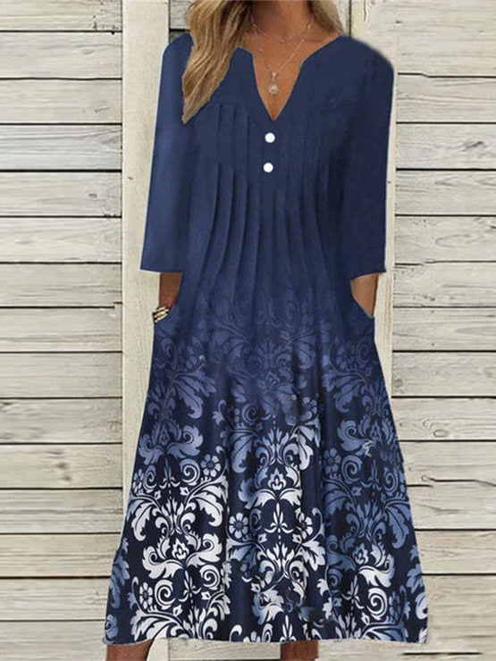 Women 3/4 Sleeve V-neck Floral Printed Maxi Dress