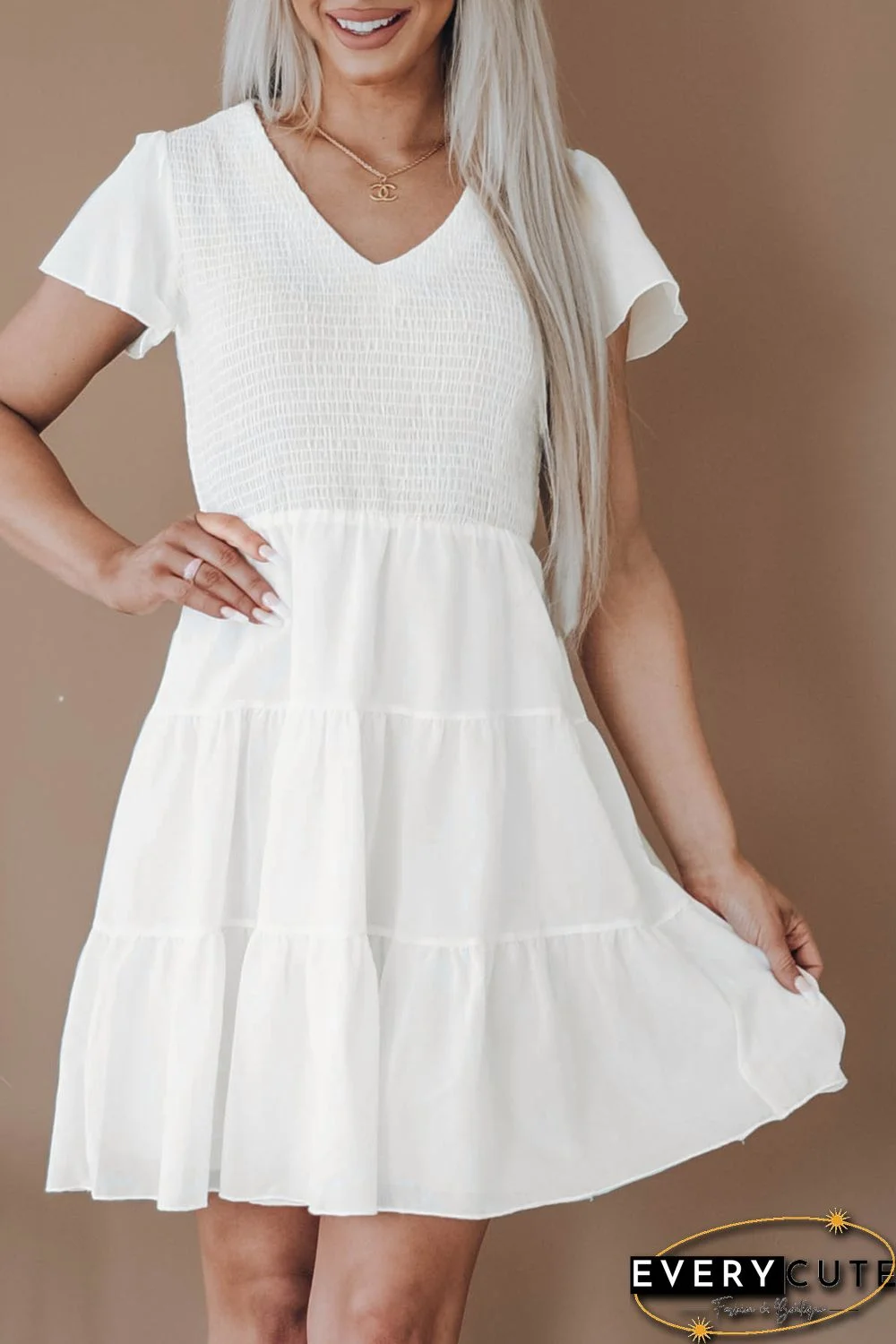 White Solid Smocked Short Sleeve V Neck Mini Dress