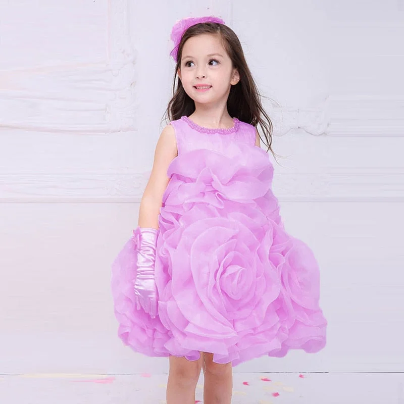 Princess Dress Party Dress Tutu Dress Big Flowers For Girls Pearl Dress Rose Flower Evening Dress Wedding Flower Girl Purple