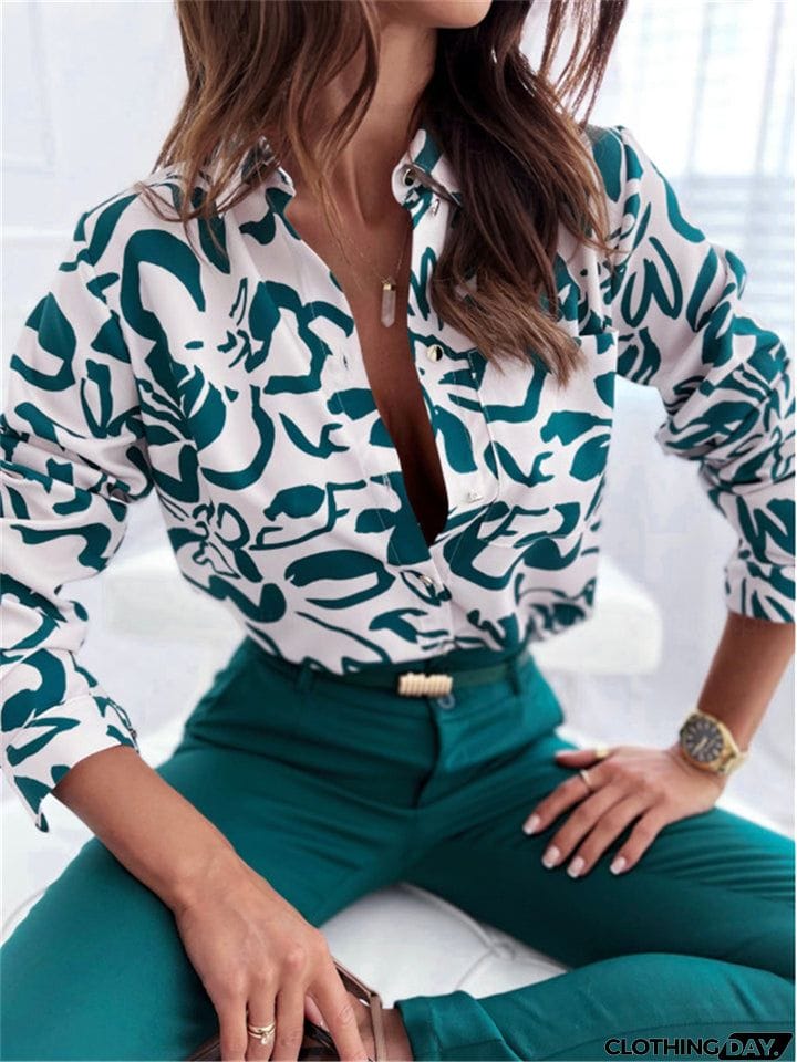 Women's Trendy Turn Down Collar Long Sleeve Printed Office Blouses