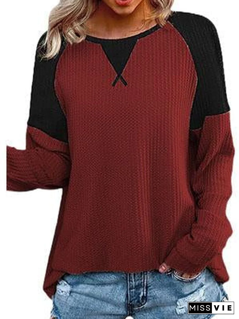 Women's Long Sleeve Scoop Neck Stitching Tops