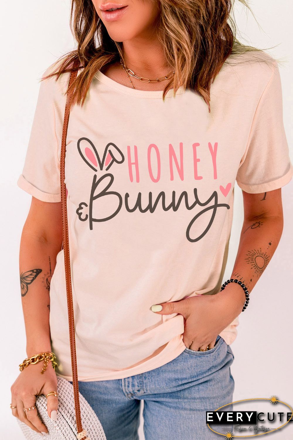 Pink HONEY Bunny Graphic Cuffed Sleeves T-shirt