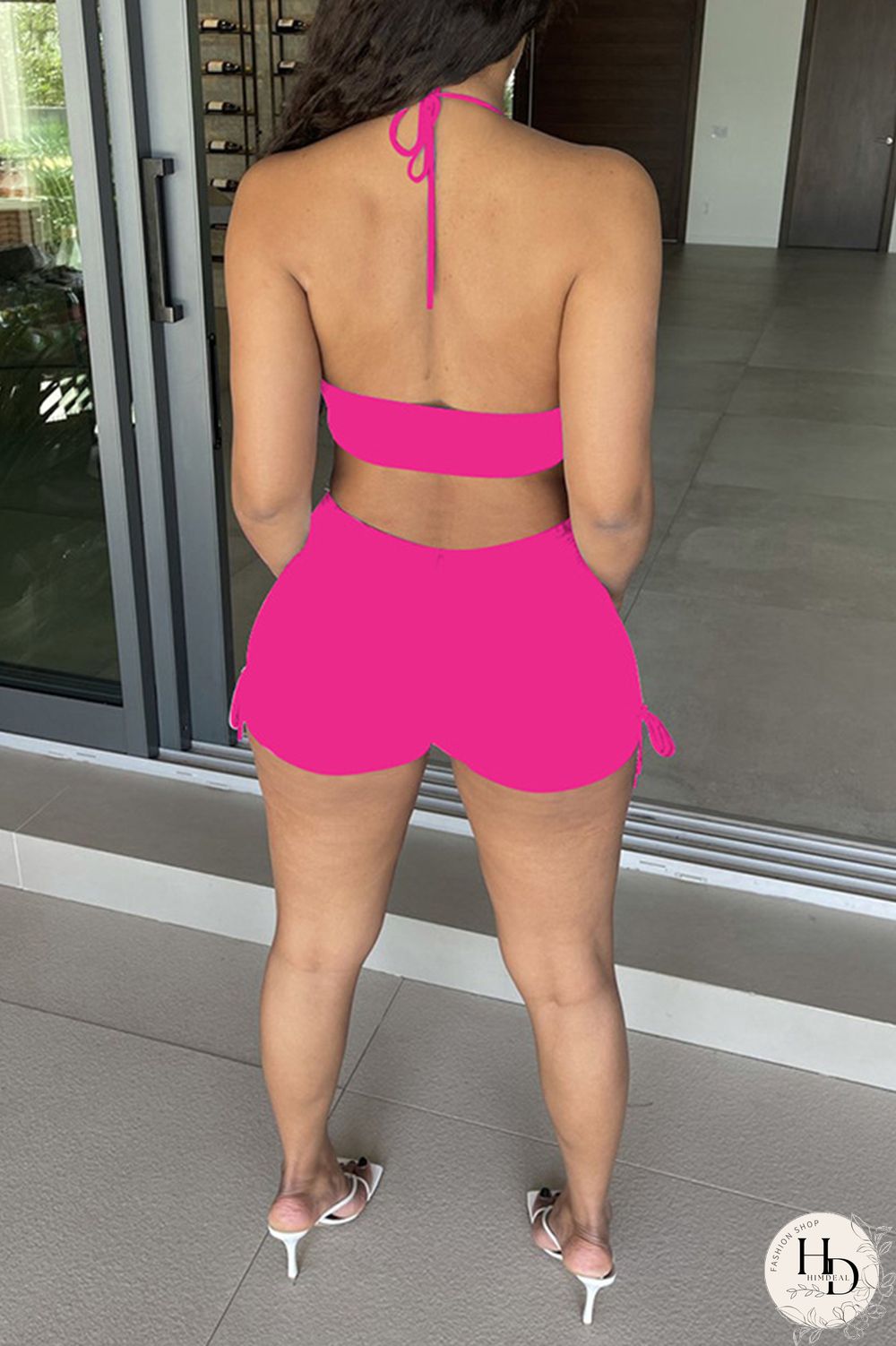 Black Fashion Sexy Solid Backless Halter Sleeveless Two Pieces