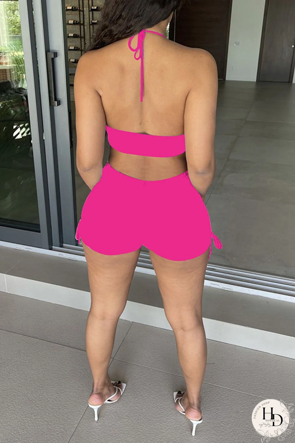 Black Fashion Sexy Solid Backless Halter Sleeveless Two Pieces