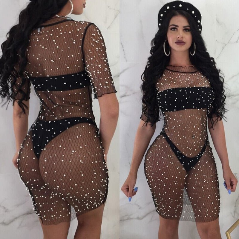 Women Sexy Bikini Cover Up Dress Mesh Fishnet Swimsuit Swimwear Dress Bathing Beachwear