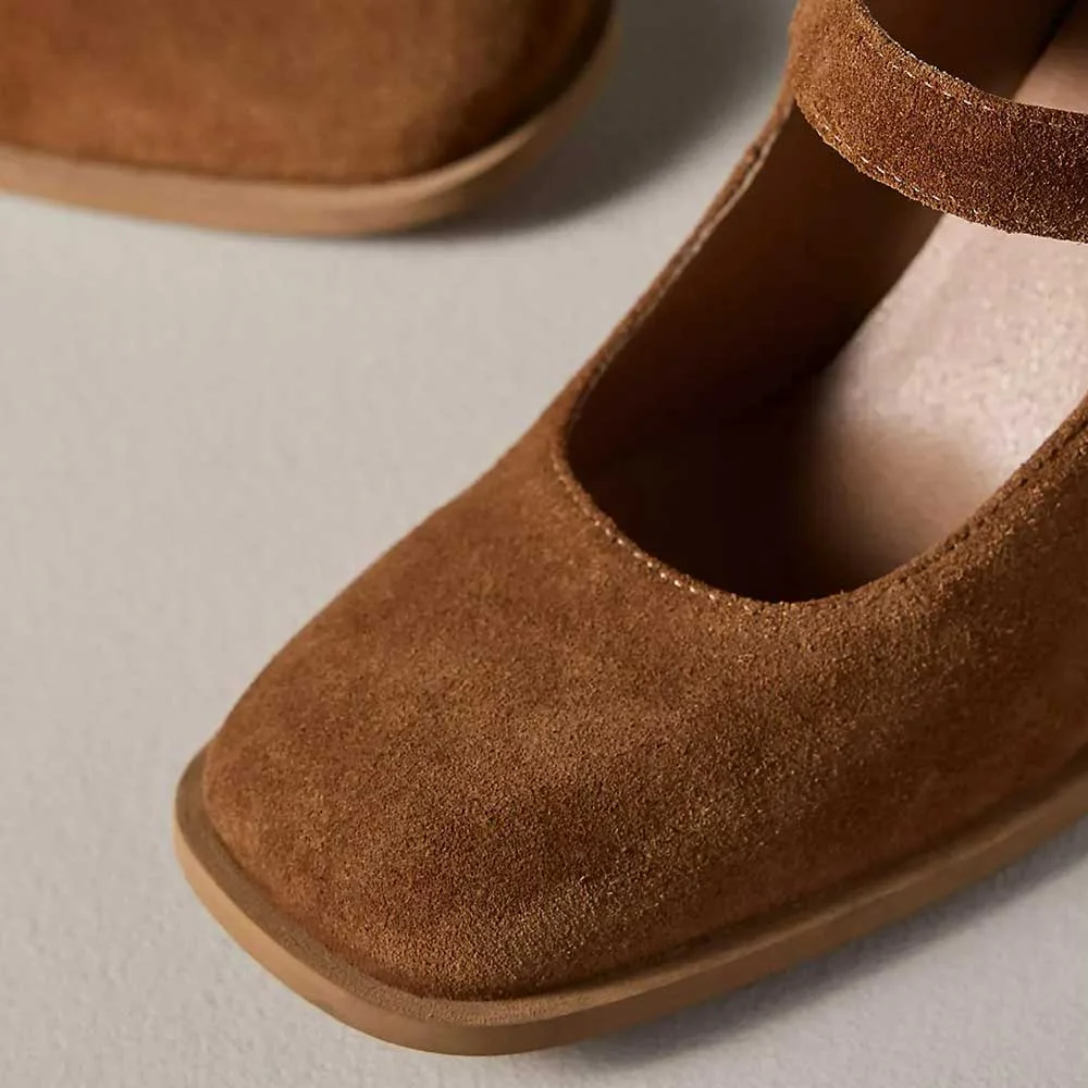 Brown Vegan Suede Square Toe Block Heel Mary Jane Pumps Shoes