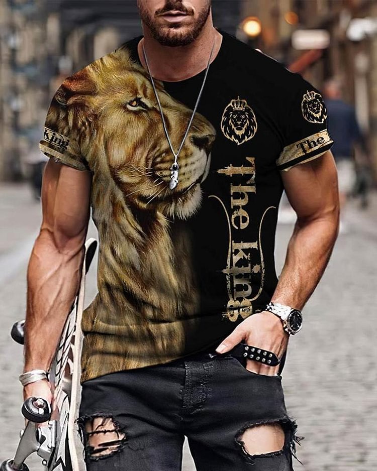 2023 Men's Hot Sale Fashion Casual King Lion Print Short Sleeve T-Shirt Tops