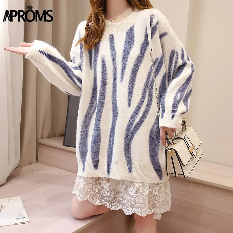 Aproms Elegant Green Striped Print Oversized Pullovers Women Winter O-Neck Loose Long Sweaters Streetwear Warm Outerwear 2021