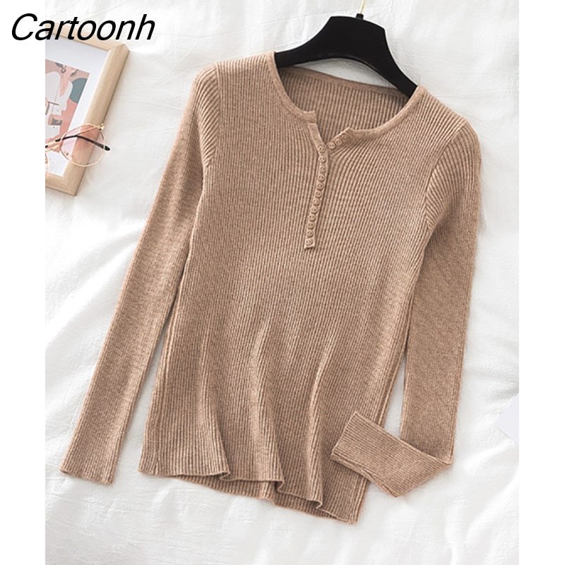 Cartoonh Button V Neck Slim Sweater Pullover Women Autumn winter Casual long Sleeve Sweater For women Female Chic Jumpers top