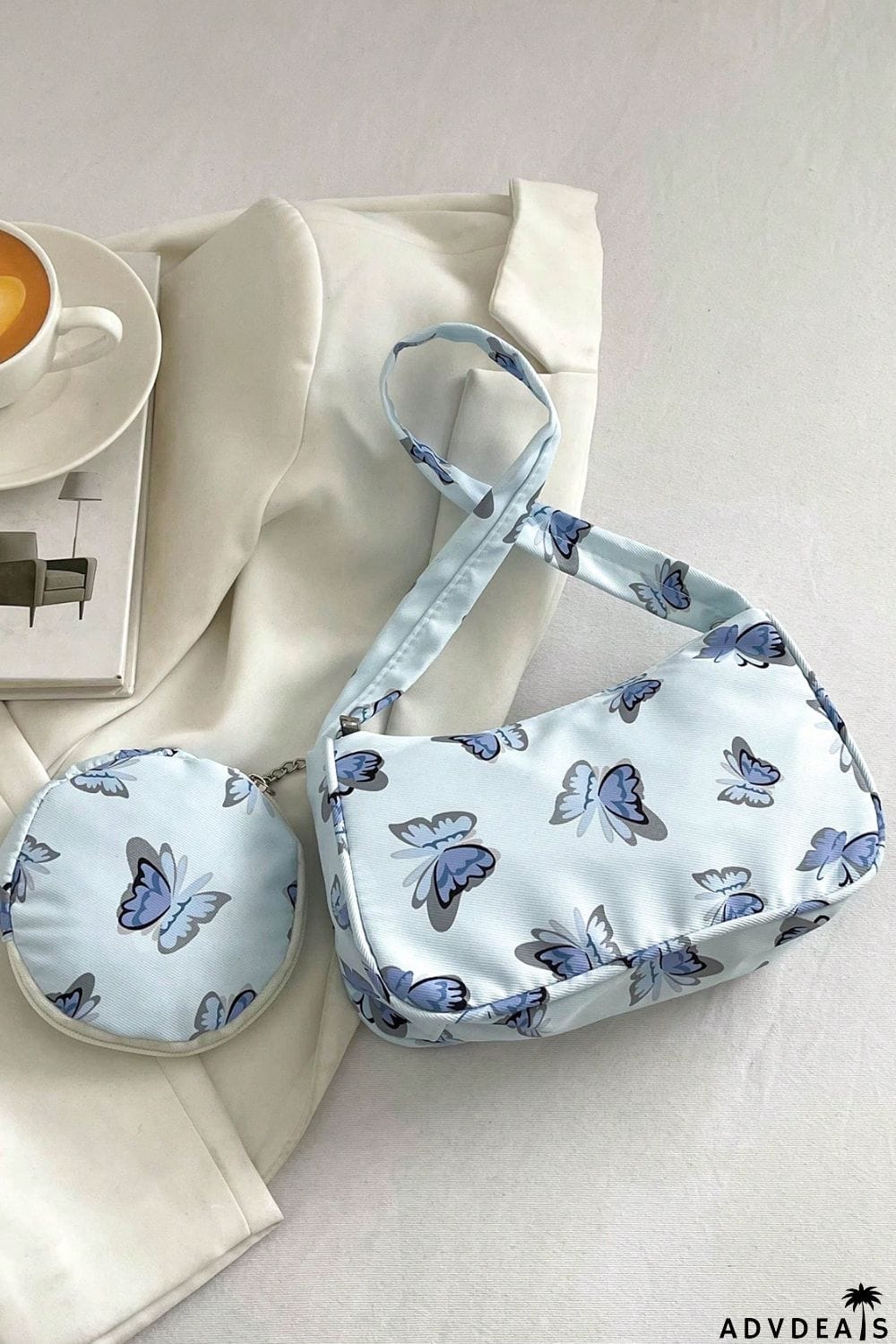 Butterfly Print Shoulder Bag with Purse