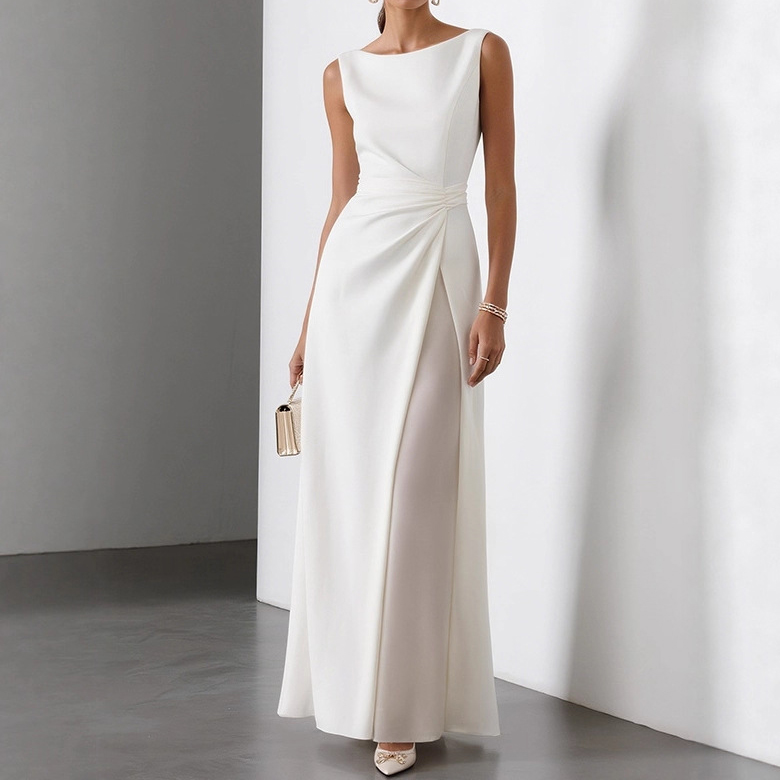 Pleated Solid Color Patchwork Sleeveless Round Neck Maxi Dress elevenforest