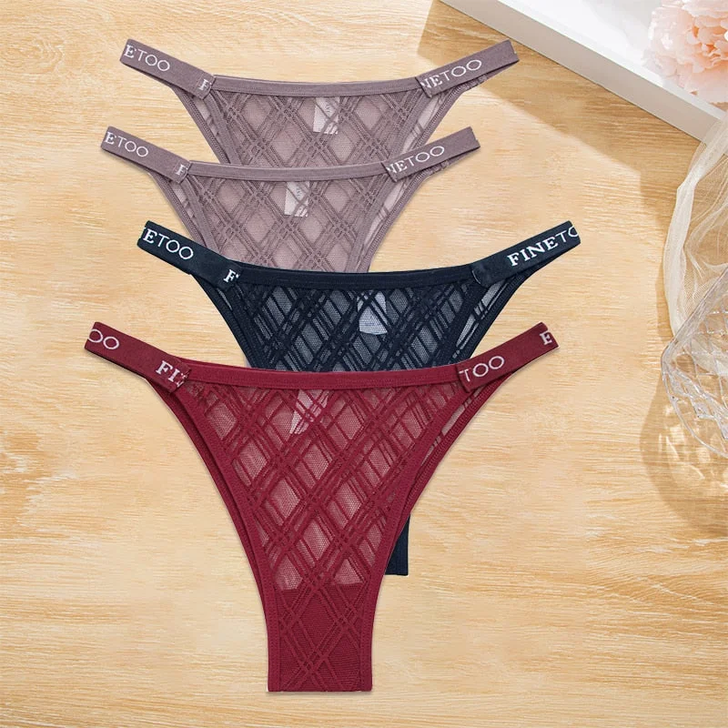 FINETOO 4PCS/Set Women's Lace Lingerie Panties Mesh Gstring Female Underpant Sexy Letter Panties Thong Girls Underwear Intimates