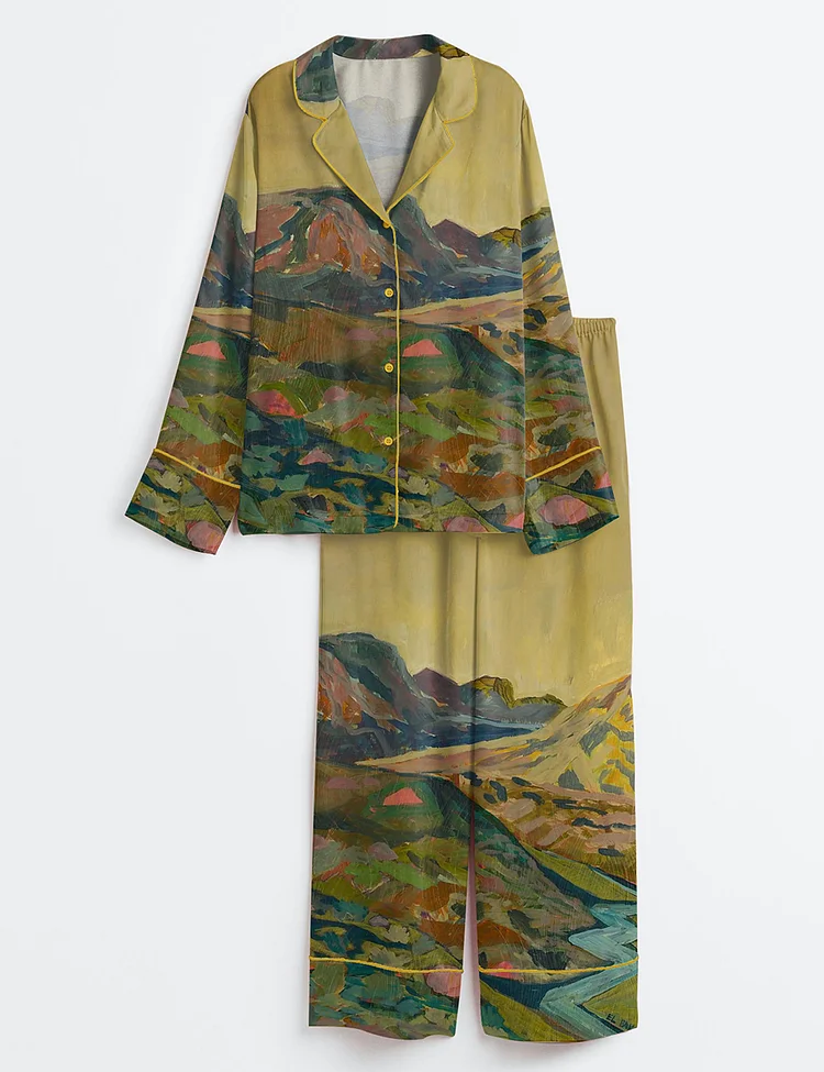 Women&rsquo;s Midcentury Modern Western Landscape Vintage California Colorado Print Long Sleeve Satin Pajama Set