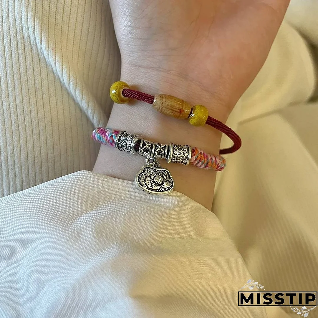 Tibetan Element New Style Woven Rope Bracelet Double Layer Retro Personalized Wooden Beads Design Feeling Pendant Bracelet National Style