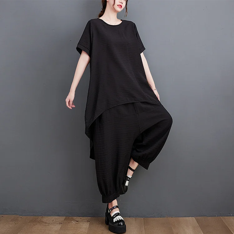 Irregular Solid Color Crew Neck Top And Harem Pants Suit - yankia