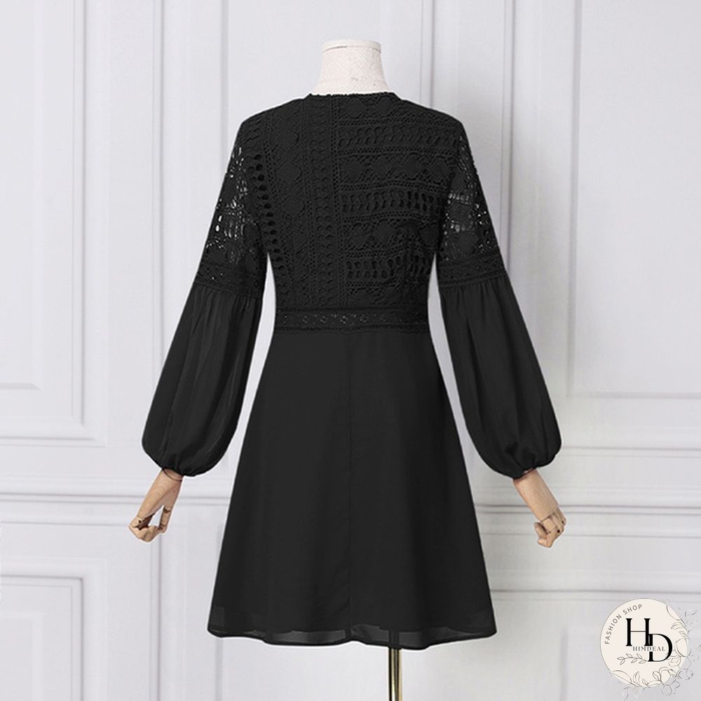 Womens Lace Stitching Lace Up Mini Dress Lantern Long Sleeve V Neck Evening Party Casual Loose Elegant A Line Dress Plus Size