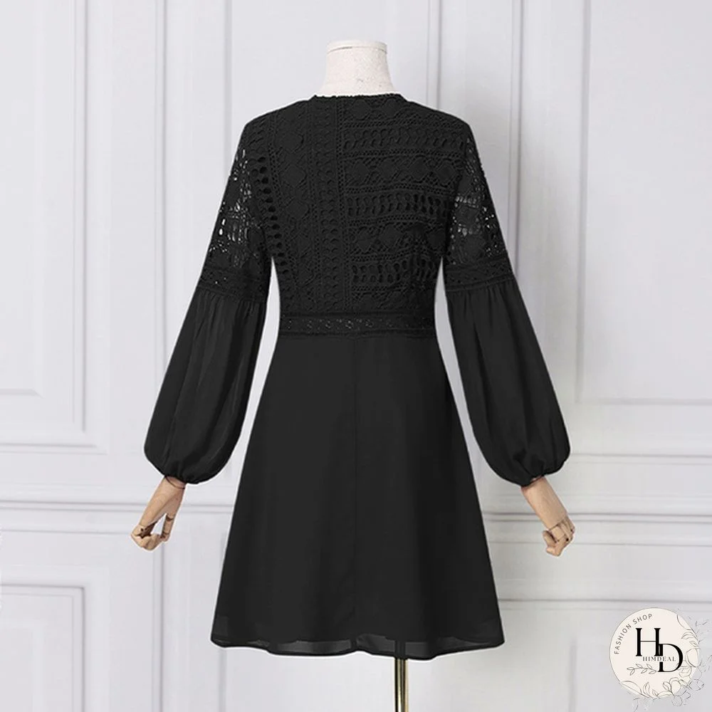 Womens Lace Stitching Lace Up Mini Dress Lantern Long Sleeve V Neck Evening Party Casual Loose Elegant A Line Dress Plus Size