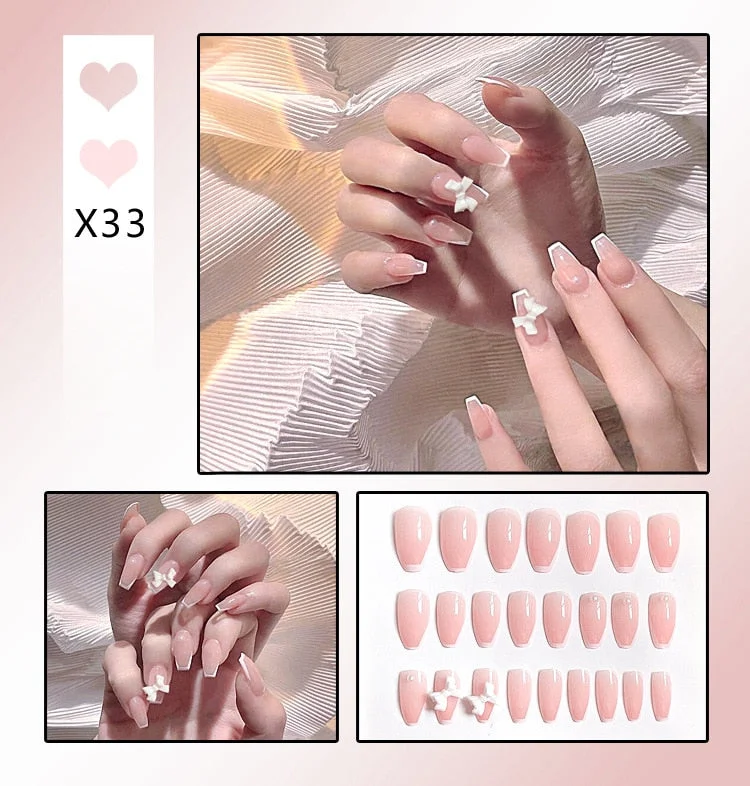 Aurora Transparent Fake Nails Tips for Finger Wear Crystal Ice Clear Butterfly Press on Nails Long Bow Ballet Diamond False Nail-Nail Inspo