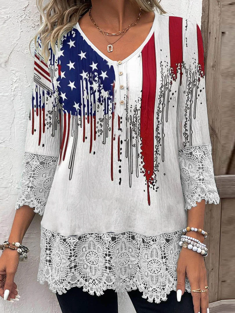 Women 3/4 Sleeve V-neck Striped Star Printed Graphic Lace Button Tops