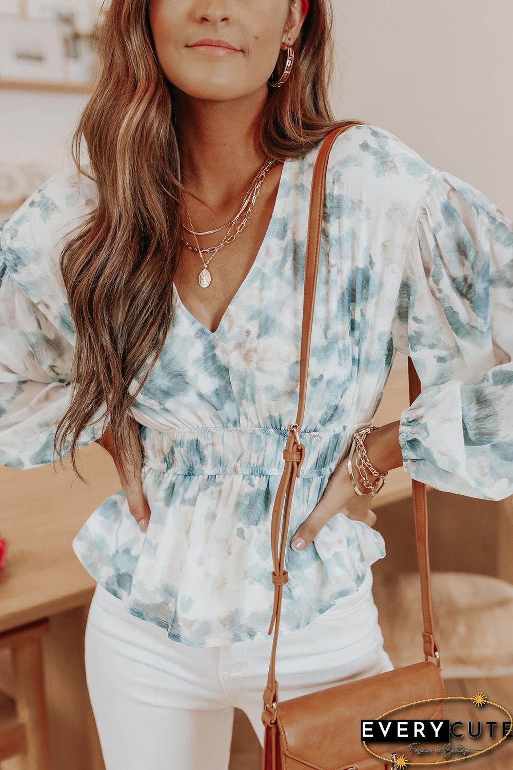 Sky Blue V Neck Tie-dye Peplum Top