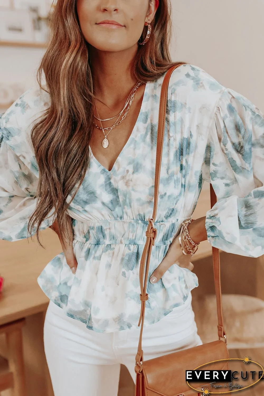 Sky Blue V Neck Tie-dye Peplum Top